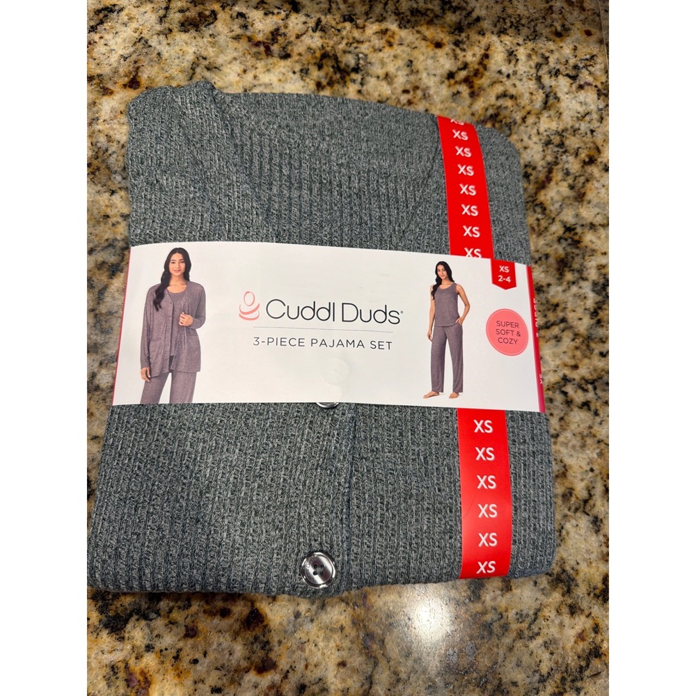 Cuddl Duds Womens 3 Piece Pajama Set Heather Charcoal Grey Ribbed XS 2-4 NEW